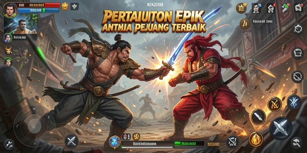 Screenshot utama KENZO188 menampilkan aksi pertarungan seru antara karakter.