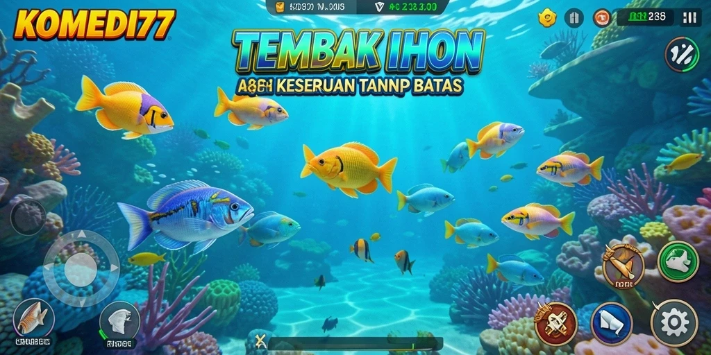 Screenshot KOMEDI77 menampilkan gameplay Tembak Ikan yang seru.
