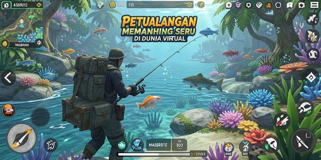 Tampilan gameplay memancing di MASBRO12 dengan ikan beragam dan suasana menawan.